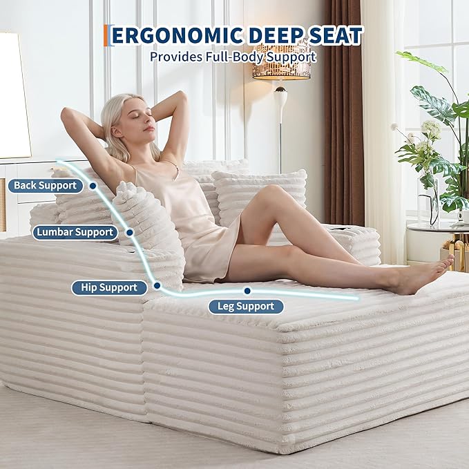 IDEALHOUSE 64 Oversized Chaise Lounge Chair Indoor Upholstered Boneless Sofa Bed with Throw Pillows Cup Holders and Armrests Comfy Corduroy Sleeper Couch for Living Room Bedroom Office (Beige)
