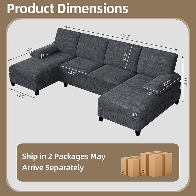 Shintenchi U-Shaped Sectional Couches for Living Room 4 Seat Sofa with Double Chaise LoungesSolid Wood Frame Sectional Sofa for ApartmentDark Grey
