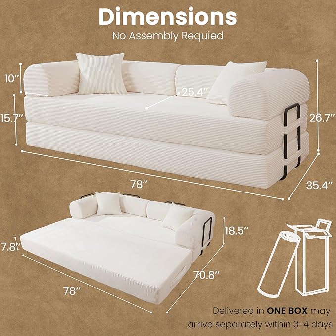 79 Convertible Sofa Bed Boneless Corduroy Sleeper Foldable Modular Couch Memory Foam Compressed Sofa in A Box Folding Mattress Floor Couch for Small Space Living Room Apartment Bedroom White