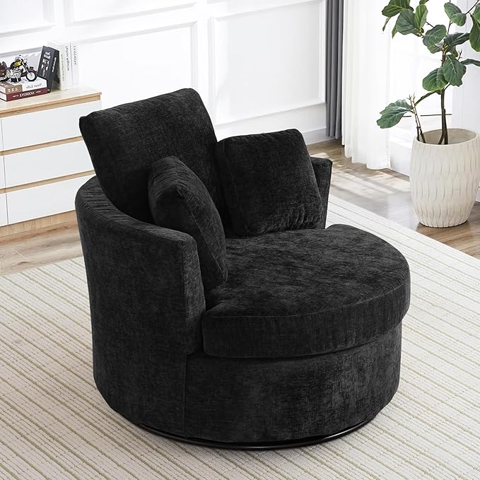 42 W Modern Black Swivel Barrel Chair with 360° Round Metal Base &amp Soft Chenille Pillows &amp Thick Cushion Comfy Oversized Chaise Longue Indoor Living Room Bedroom Club Reading Armchair (Blac