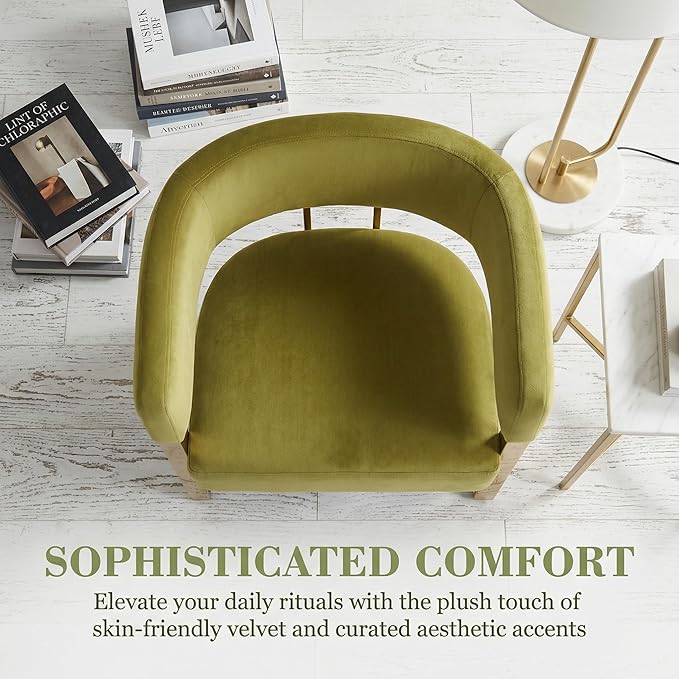 Barrel Accent Chair with Metal Frame Legs Modern Velvet Living Room Chairs Mid Century Upholstered Single Lounge Sofa Armchair for Living Room/Bedroom/Reading Room Olive