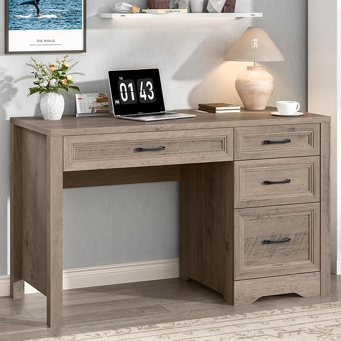 Vabches Farmhouse Executive Desk with Storage and Ample File Drawer Rustic Large Home Writing Desk for Bedroom Grey