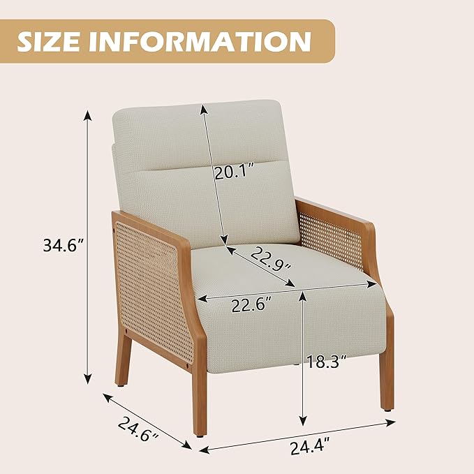 Aklaus Mid Century Accent Chair with Rattan Armrest Upholstered Living Room Chairs Lounge Fabric Reading Chairs Side Sitting Farmhouse Chair for Living Room Bedroom Balcony Beige