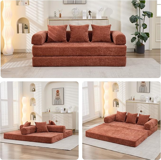 Convertible Sofa Bed 4-in-1 Floor Foldable Couch Bed with Armrests &amp Pillow Chenille Fabric No Assembly Required Comfy Memory Foam Couch Lounge Sofa for Living Room Orange