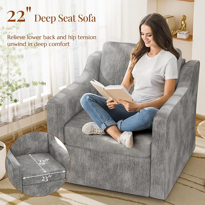360° Swivel Accent Chair Large Comfy Reading Chairs Accent Square Single-seat Armchair Upholstered Sofa for Reading Nursery Living Room Bedroom Hotel Lounge Grey
