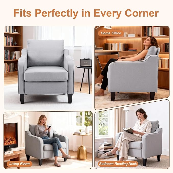 Accent Chairs Set of 2 Gray Mid Century Modern Arm Chair Fine Linen Fabric Upholstered Armchair with Scooped Arms Comfy Reading Chair for Living Room Bedroom Office Apartment