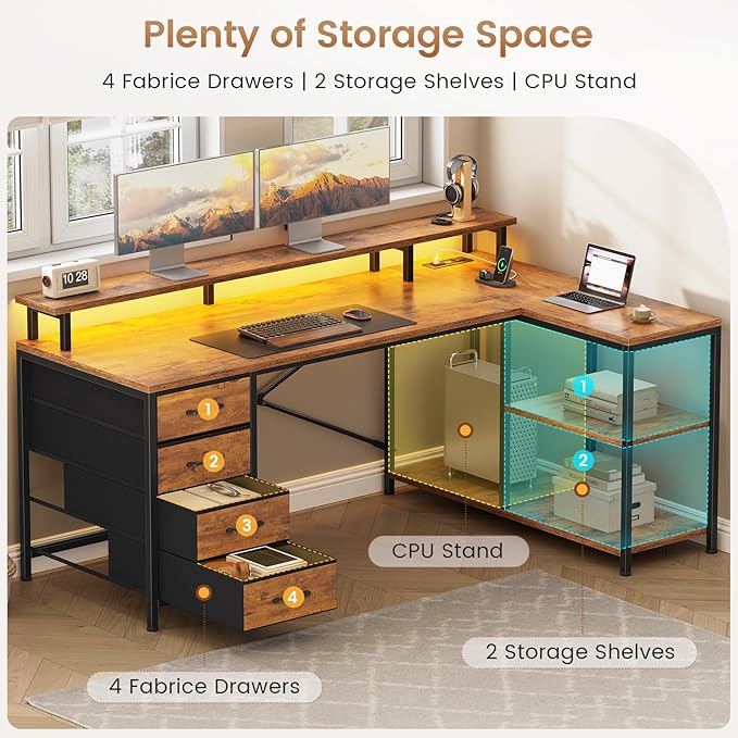 SEDETA L Shaped Desk with 4 Drawers and Storage Shelves L Shaped Gaming Desk with LED Lights &amp Power Outlets Computer Desk with Shelves &amp Drawer Corner Desk Home Office Desk Rustic Brown