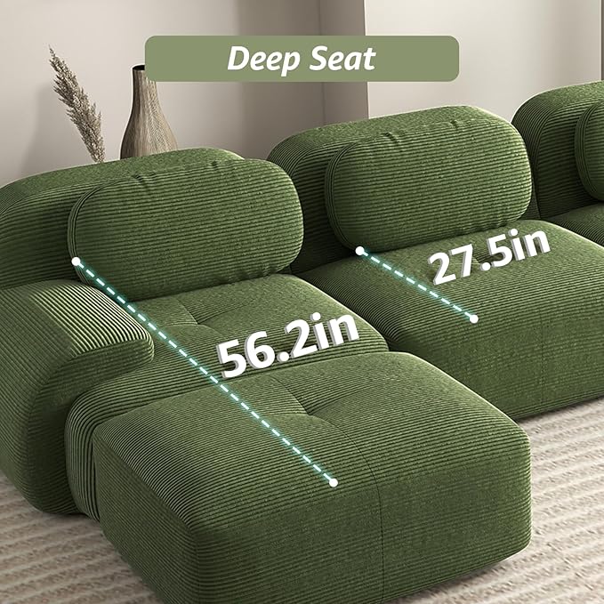 80 Modern Love Seat Boneless Couches for Living Room Corduroy Cloud Couch Sectional Green Modular Sectional Sofa Loveseat Sofa with 2 Ottoman Sofas para Sala Deep Seat Couch (Green 2+2 Set)