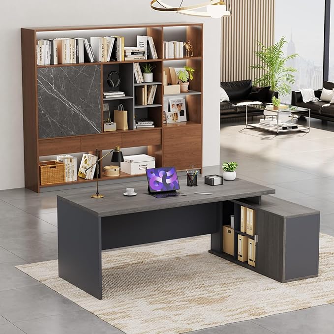 70.8 L-Shaped Executive Desk with File Drawers and Storage Cabinet Modern Large Office Desk Computer Workstation Gray Oak &amp Grey