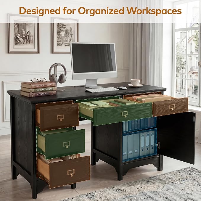 Chogori 55 Solid Wood Executive Desk Farmhouse Office Computer Desk with 5 Drawers &amp Storage Cabinet Wooden Writing Table for Home Office Study Bedroom (Black)