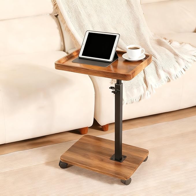 Adjustable Height Couch Tables That Slide Under Sofa 360° Swivel Modern Tv Tray Table with Wheel C Shaped End Table for Couch C Table for Small Place Perfect for Livingroom Bedroom