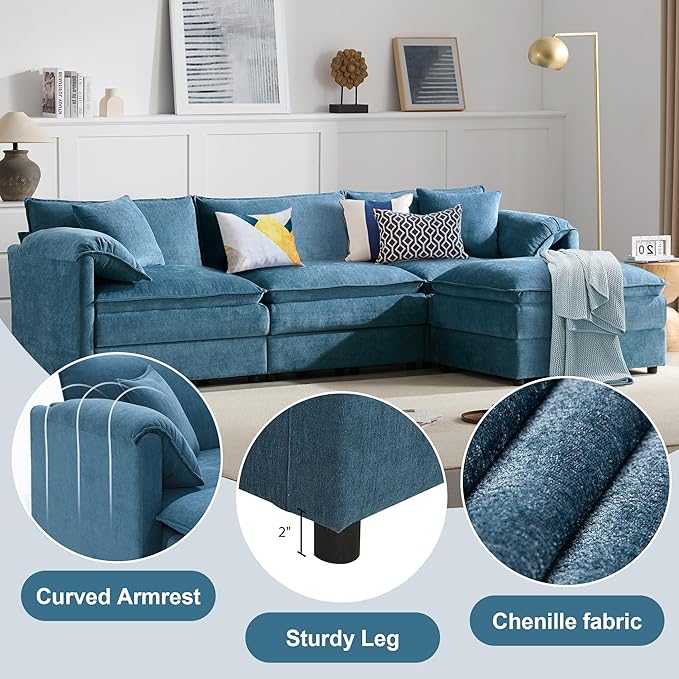 103.5 L Shaped Modern Cloud Sofa Modular Sectional Couch with Ottoman 4-Seat Chenille Deep Seat Sofa with Pillow for Living Room Bedroom and Apartment Blue