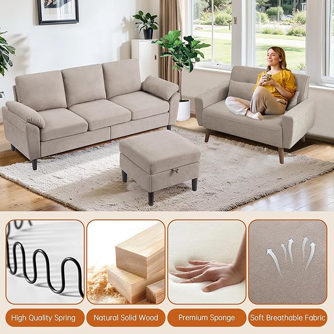 Convertible Sectional Sofa Modern 3 Seater Sofa and Loveseat Set with Storage Ottoman L Shaped Couch with Reversible Chaise 2 Piece Sofa Set for Living Room Apartment Beige
