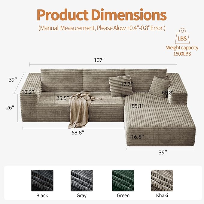107 Modular Sectional Couches for Living Room Comfy L-Shaped Boneless Cloud Couch with Chaise Modern Deep Seat Corduroy Floor Sofa No Assembly Required (Right Facing Chaise Khaki) | High-density