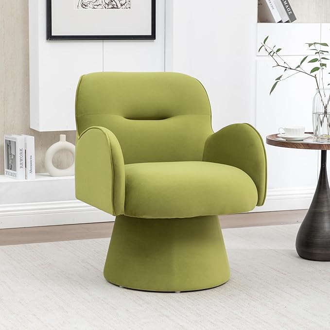 Swivel Accent Chairs Modern Comfy Velvet Barrel Armrest Chairs with Curve Back Soft Cushion Olive Green Armchairs with Arms Small Round Chair for Small Spaces Bedroom Living Room