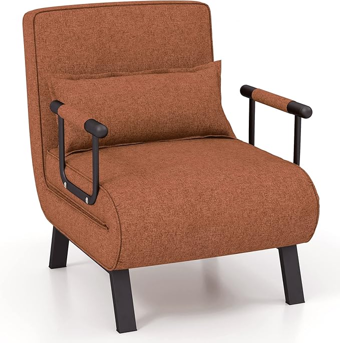 Giantex Convertible Sofa Bed 4-in-1 Sleeper Chair with Pillow Modern Recliner Guest Bed with 6 Position Adjustable Backrest Metal Legs Linen Fabric Armchairs for Nursery Living Room Office (Brown)