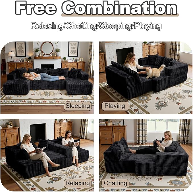 132''U-Shape Modular Sectional Couch Sofa Boneless Compressed Corduroy Modern Sleeper Space-Efficient Convertible Design 3 Packages Shipping