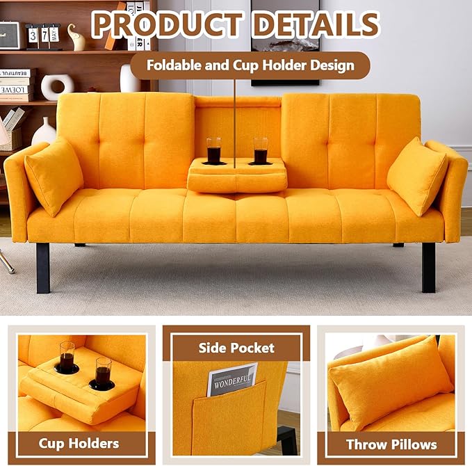 72 Cotton-Linen Futon Couch Living Room Couch Bed Convertible Sleeper Sofa Bed with Cup Holder for Bedroom Guest Bed 2 Seater Reclining Sofas Couches with Nailhead Trim for Small Space (Yellow)