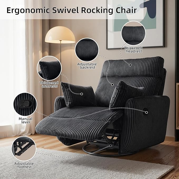 Swivel Recliner Chair for Adults Corduroy Nursery Glider Rocking Chair Armchair with 2 Pillows Comfy High Back Reclining for Small Spaces Nursery Bedroom Living Room (Corduroy Black 1 Pack)