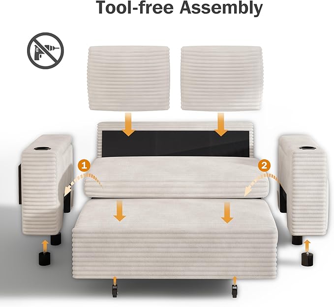 Vipbear 65 Loveseat Sleeper Sofa with Pull Out Bed Plush Corduroy 3-in-1 Convertible Sofa Bed with Reclining Backrest|USB Ports|Cup Holders|Side Table|Storage Armrests Tool Free Assembly Beige