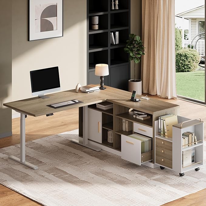 67 L-Shaped Electric Standing Desk with File Cabinet 1.18 Desktop Adjustable Height Executive Table Stand Up Desk with 3 Drawers Rolling Filing Cabinet for Home and Office Light Walnut