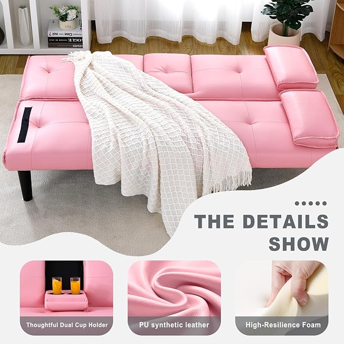Futon Sofa Bed PU Leather Modern Convertible Futon Couch with Removable Armrests Cup Holders Loveseat Sleeper Sofa Bed for Living Room Apartment Small Spaces (Pink)