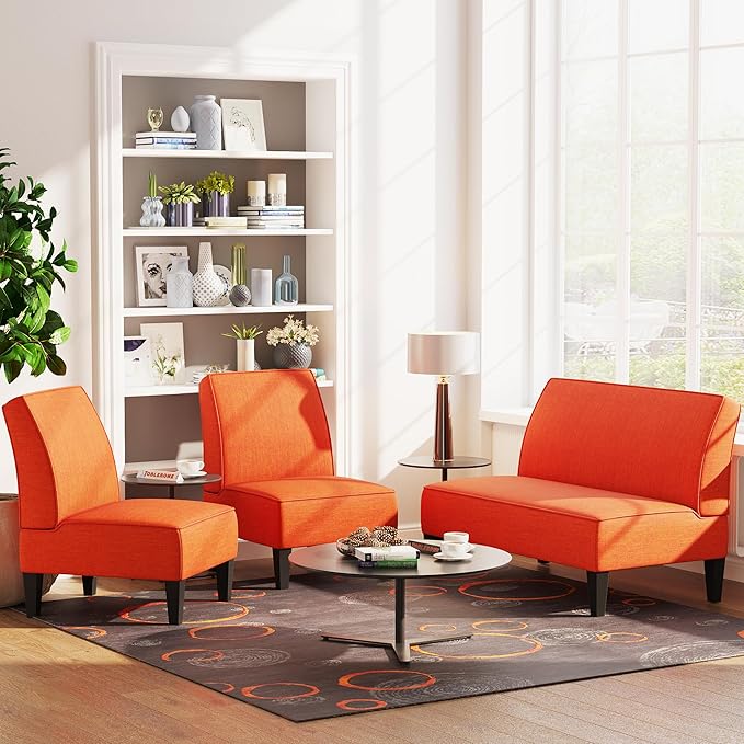Yongqiang Upholstered Accent Chair Armless Side Chairs for Living Room Set of 2 Bedroom Slipper Chair Orange Linen Fabric