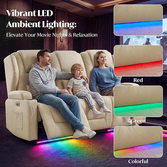 Power Loveseat Recliner SofaReclining Loveseat RV Recliners with Speaker/USB Ports/LED LightsPower Recliner Loveseat Sofa with Cup Holders for Living Room (Beige 3-Seater)