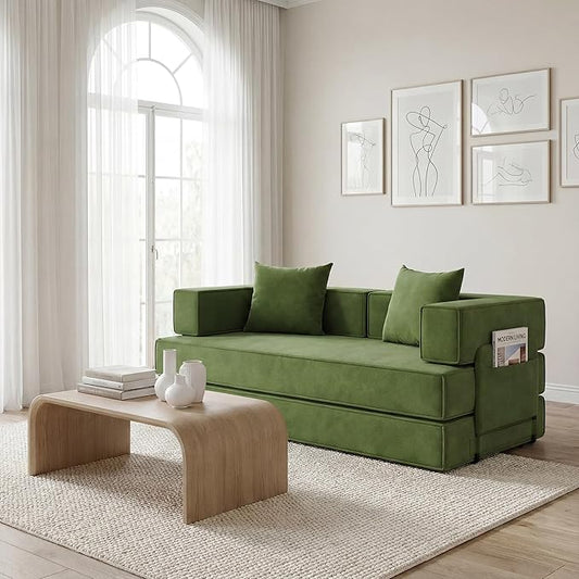 Claiks 4-in-1 Convertible Sofa Bed82 Inch Compression Sofa with Corduroy Fabric Pull Out Sleeper Sofa with 2 Pillows &amp 4 Side Pockets for Living Room Bedroom ApartmentNo Assembly RequiredGreen.