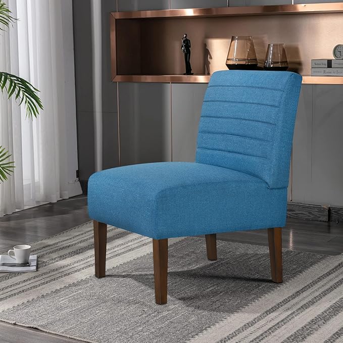 Slipper Accent Chair Modern Armless Lounge Chair with Wood Legs Upholstered Makeup Vanity Tufted Side Chair Fabric Comfy with Decor Back for Living Room Bedroom Patio (Horizontal Back Blue)