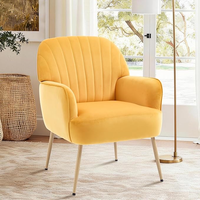 Velvet Accent Chair Mid Century Modern Accent Chairs for Living Room Comfy Upholstered Armchair with Metal Legs for Bedroom/Apartment/Office/Waiting Room Yellow