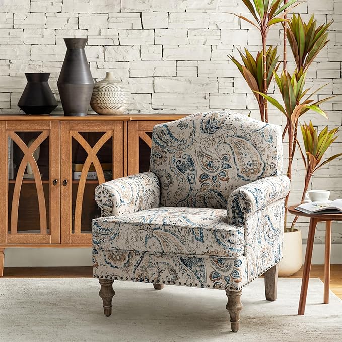 HULALA HOME Accent Armchair with Print Floral Pattern Comfy Upholstered Living Room Accent Chair with Retro Wooden Legs &amp Nailhead Trim Fabric Sofa Chair Reading Chair for Bedroom Office Paisle