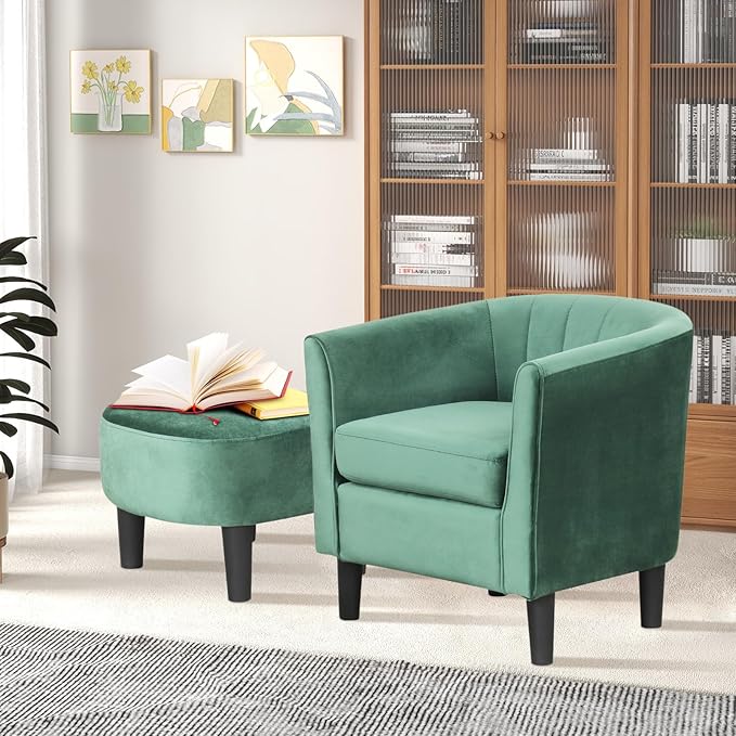 Accent Chair with Ottoman Upholstered Velvet Club Barrel Reading Chair with Footrest Modern Comfy Round Barrel Chairs for Bedroom Living Room Small Reading Spaces (1 Green)