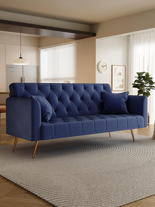 71 Convertible Velvet Futon Sofa Bed Loveseat with Multiple Adjustable BackrestsModern Sleeper Couch with Golden Metal Legs for Living RoomApartmentOfficeBlue