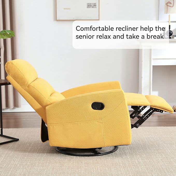 Slim Swivel Rocking Chair Recliner with PocketsLazy Boy Recliners for for AdultsSmall Recliner Chair for Small Spaces Manual Reclining Chair for Living Room Bedroom Adjustable Backrest (Yellow)