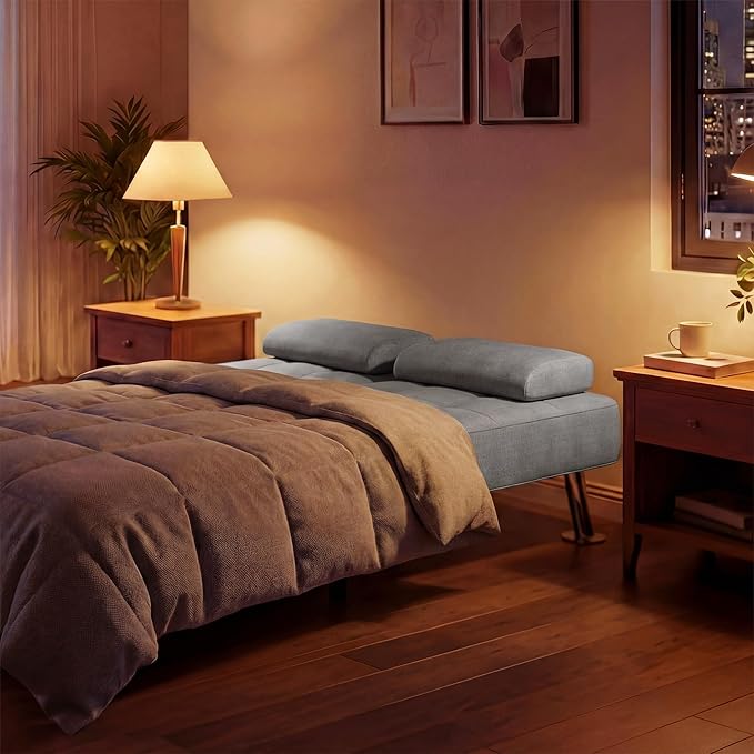 YESHOMY Modern Futon Sofa Bed Convertible Futon Couch with Adjustable Backrest Futon Loveseat Sleeper Sofa Bed with Armrest for Living Room Small SpacesLinen Fabric Light Gray