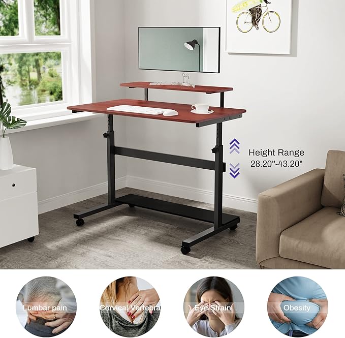 It's_Organized Height Adjustable Portable Computer Desk41''Rolling Laptop Desk Mobile Standing Desk with Monitor Shelf &amp HutchTeak