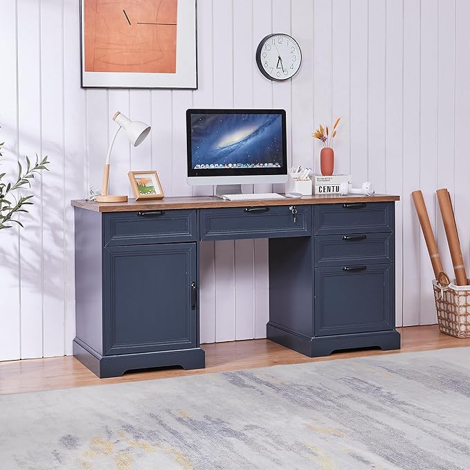 60 Farmhouse Executive Desk with Charging StationHome Office Desk with 4 Drawers &amp 1 Cabinet&amp1 File CabinetMain Drawer with LockWood Desk for Office and Home
