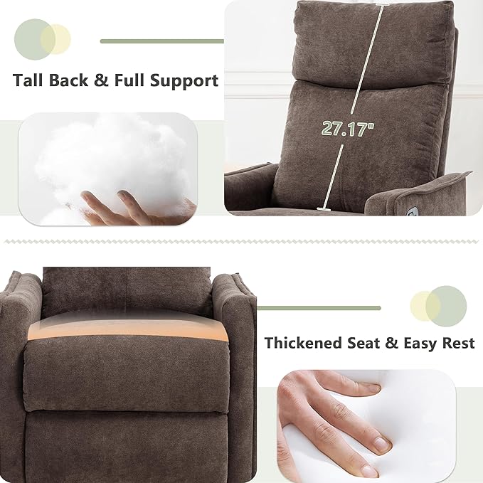 cinkehome Swivel Rocker Recliner Glider Rocker Recliner Chair for Nursery Manual Reclining Chair with Heated Massage Small Spaces Living Room Linen Brown