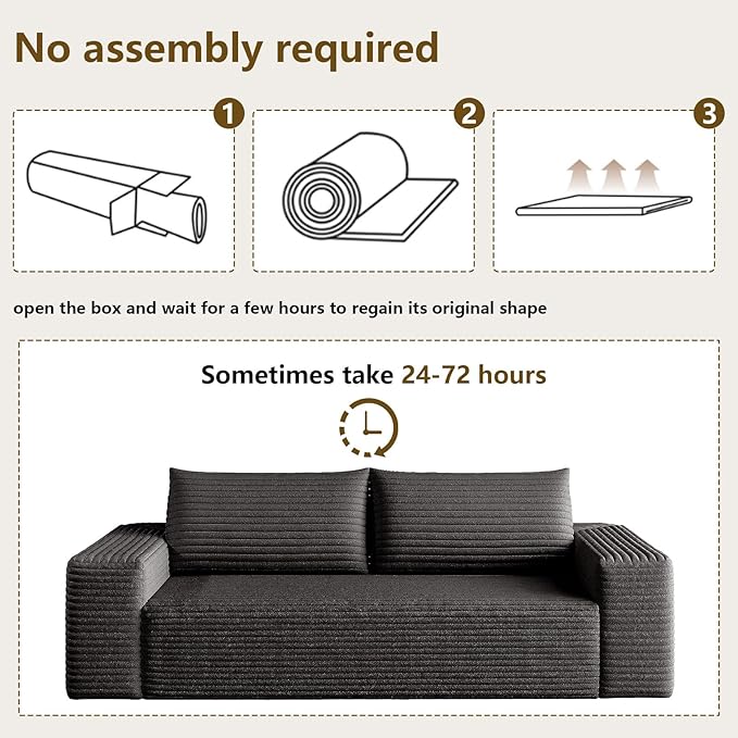 63 Boneless Loveseat Sofa - Cloud Couch with Memory Foam Comfy Deep Seat - Corduroy Floor Sofa No Assembly Required - Small Space Friendly for Living Room Bedroom Apartment Black