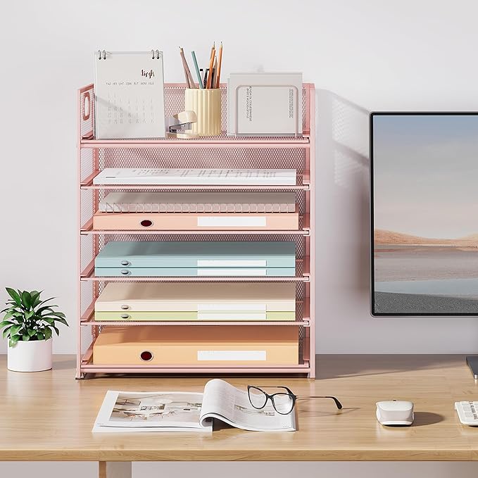 Subekyu 6 Tier Office File Paper Desk Tray Organizer with Handle Stackable Slide Mesh Letter Tray Folder Pink Desk Organizer Desktop Document Sorter for Classroom Office Home Supplies Storage
