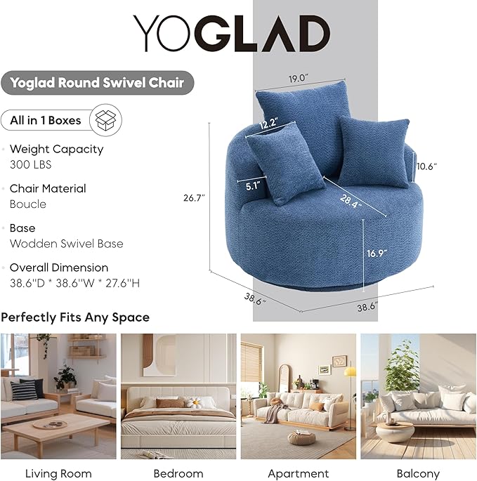 Yoglad 38.58'' Swivel Round Chair Comfy Boucle 360° Accent Chair with Thick Cushion Oversized Modern Single Sofa with 3 Pillows Soft Armchair for Nursery Living Room Bedroom Office (Blue)