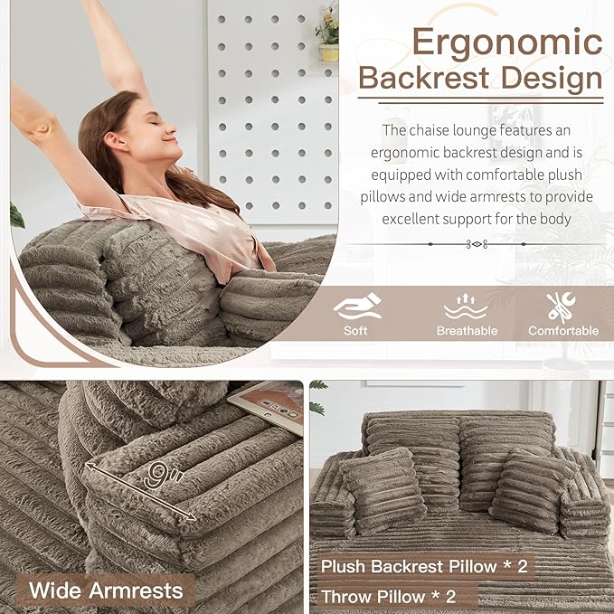 56 Oversized Chaise Lounge Chair IndoorPlush Faux Fur Sleeper Sofa Couch Bed with Pillows&ampWide ArmrestsFluffy Comfy Cloud CouchCompression Foam Couch for Living RoomBedroom(Brown)