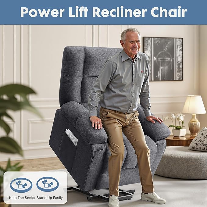 DUMOS Power Lift Recliner Chair with Vibration Massage and Heat for Elderly Ergonomic Overstuffed Breathable Fabric Reclining Chair with 3 Pockets Remote Control Living Room Bedroom Grey