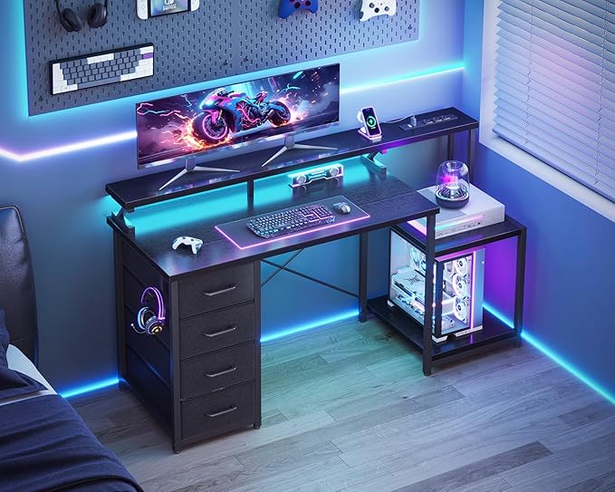 ODK 55 Inch Computer Desk with 4 Drawers Office Desk with Power Outlets Printer Shelf &amp Storage Shelves Large Writing Study Table for Home Bedroom Study or Gaming Setup Black