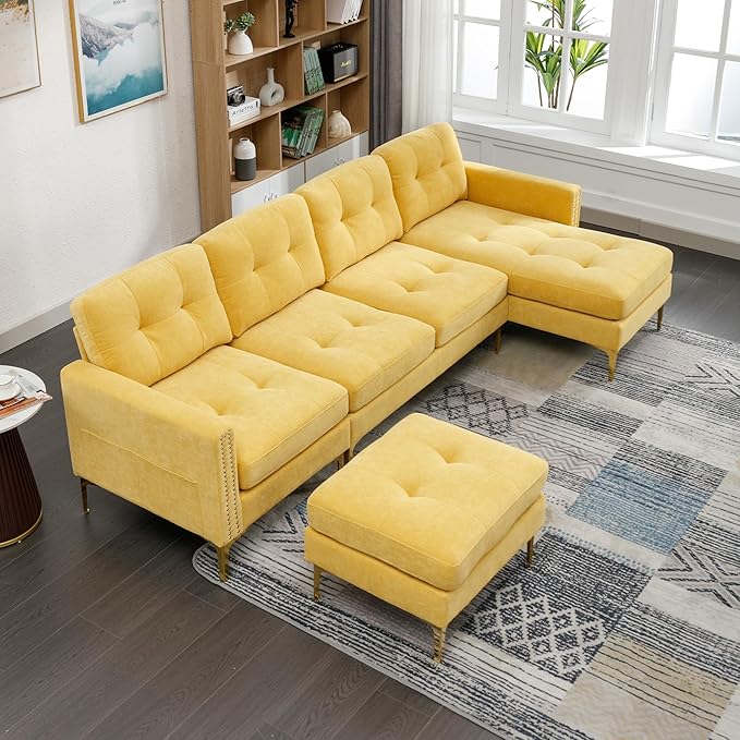 kevinplus 111 Velvet Sectional Sofa Couch for Living Room Modern Contemporary L-Shaped 4-Seat Tufted Sofa Couch with Chaise Lounge &amp Ottoman for Apartment Office Strong Metal Leg Yellow