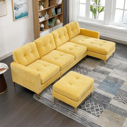 Merax Velvet L-Shape Sofa 4 Seat with Chaise and Movable Ottoman 110.6 Sofa Couch for Living Room Apartment Office (Yellow)