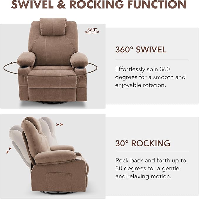 Swivel Rocker Recliner Chair with Heat and Massage 360 Degree Swivel Rocking Single Sofa with Cup Holders and USB Port Big Oversized Recliner Chair for Living Room (Fabric Brown)