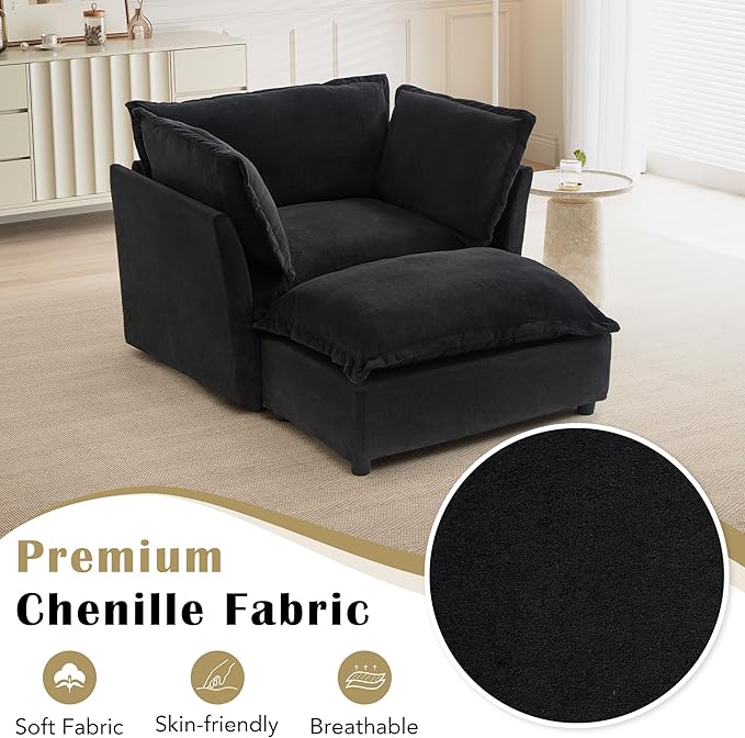 Merax 47 Armchair Upholstered Chenille Sofa Chair 2 Seat Modern Couch with Movable Ottoman Curved Armrests &amp Soft Pillows for Living Room Black
