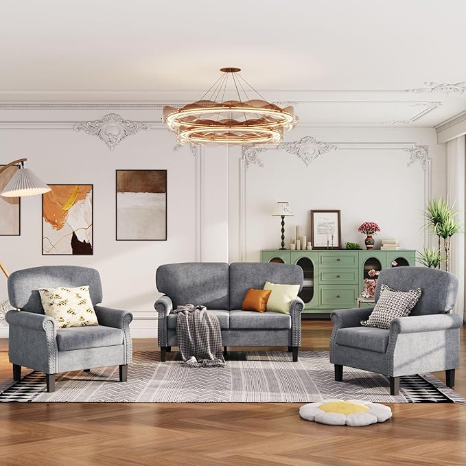 Sophia &amp William 3 Piece Living Room Furniture Set 1 Loveseat &amp 2 Accent Chairs Linen Fabric Comfy Sectional Sofa Couch for Living Room Bedroom Grey